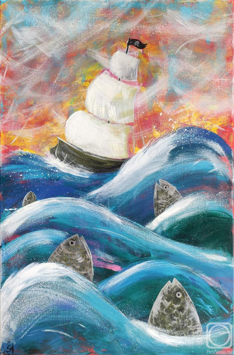Картина. Вотинова Анастасия. Парусник и рыбы в волнах