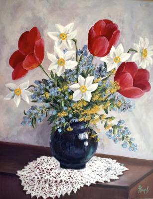 Still life with tulips and daffodils.