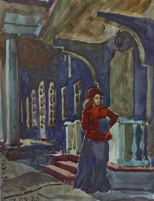 Zakharovo estate, thoughtful young lady at the porch