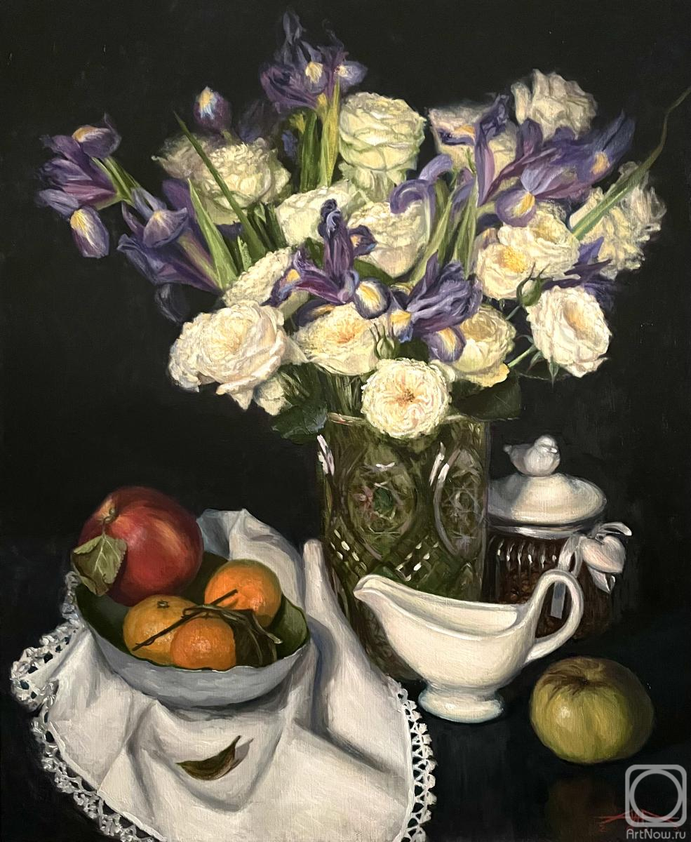 Картина маслом на холсте. Акимова Маргарита. Натюрморт с белыми розами