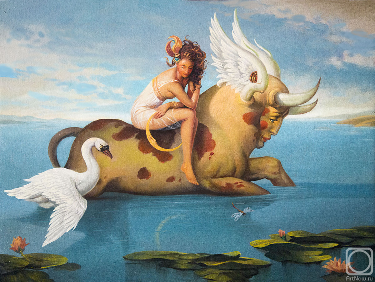 Mescheriakov Pavel. Surrealism ,painting, myths ,bull ,swan, girl ,The Rape of Europe ,seascape