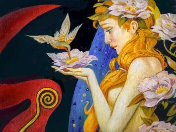 Hummingbird, girl, surrealism, painting ,symbolism, flowers