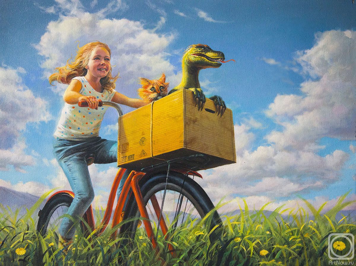 Mescheriakov Pavel. Girl, bike ,bike ride, kitten ,dinosaur, velociraptor