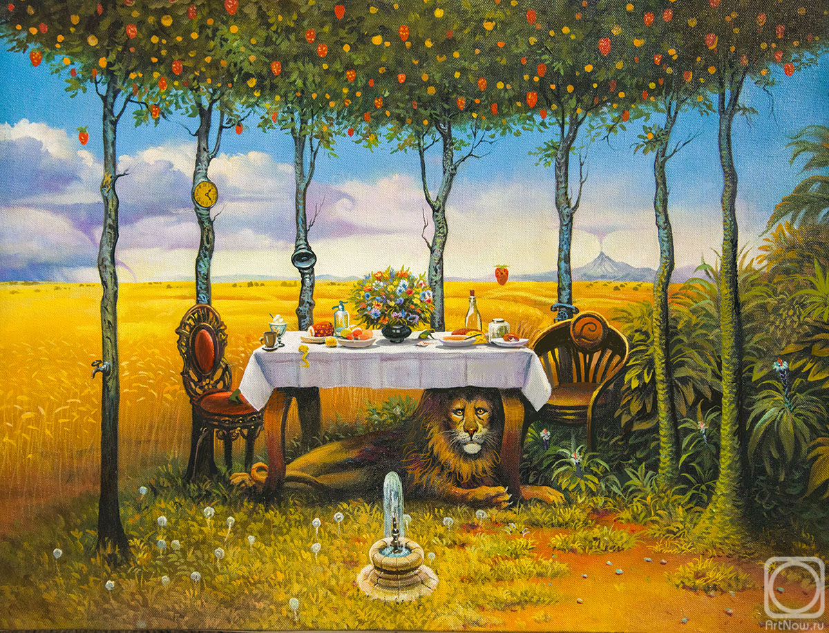 Mescheriakov Pavel. Autumn, field ,table with food ,lion ,surrealism,painting