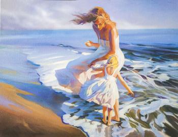 Painting, seascape ,waves, mother and child ,sea breeze