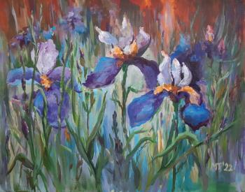 Irises in a meadow, free copy from a painting by an unknown artist. Tikhomirova Marina