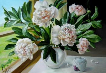 Peonies at a window