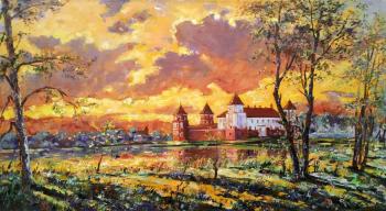 Sunset over Mir Castle, Belarusian landscape in oil