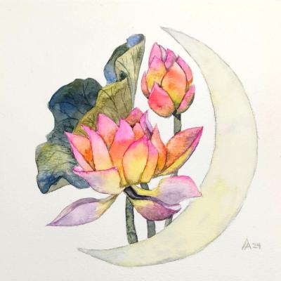 Lotus painting moon painting original watercolor art pink flower waxing moon. Lapina Albina