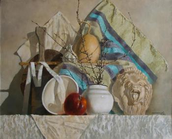 Still life with an apple and a plaster head