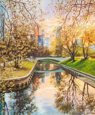 Spring sunset in the park. View of Moscow City