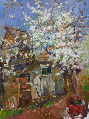 Courtyard with a blossoming apple tree. Sorokina Olga