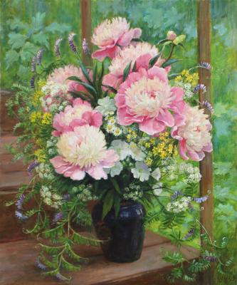 Bouquet with peonies on the porch. Shumakova Elena