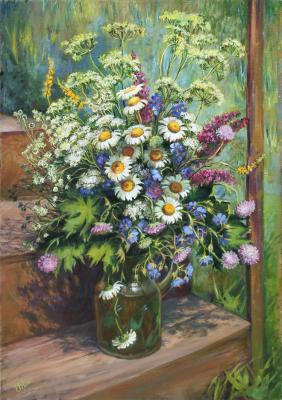 Bouquet with daisies on the porch. Shumakova Elena