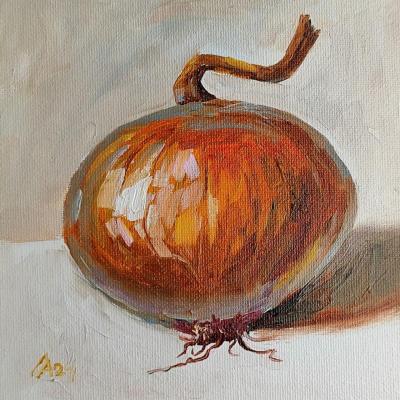 Onion painting original oil art still life 15 by 15 cm. Lapina Albina