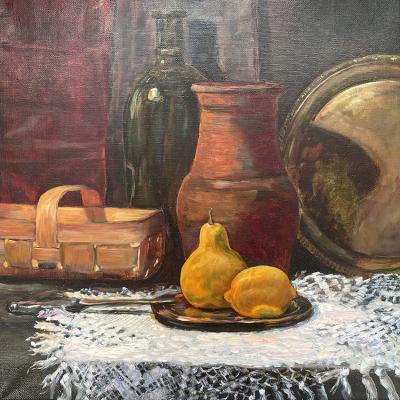 Jug with lemon and pear