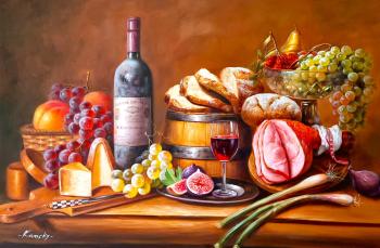 Still life with cheese, wine, meat and fruit