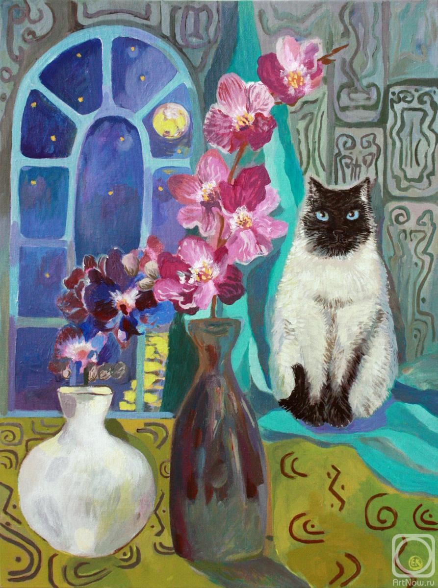 Kovaliova Elena. Etude with a cat and an orchid