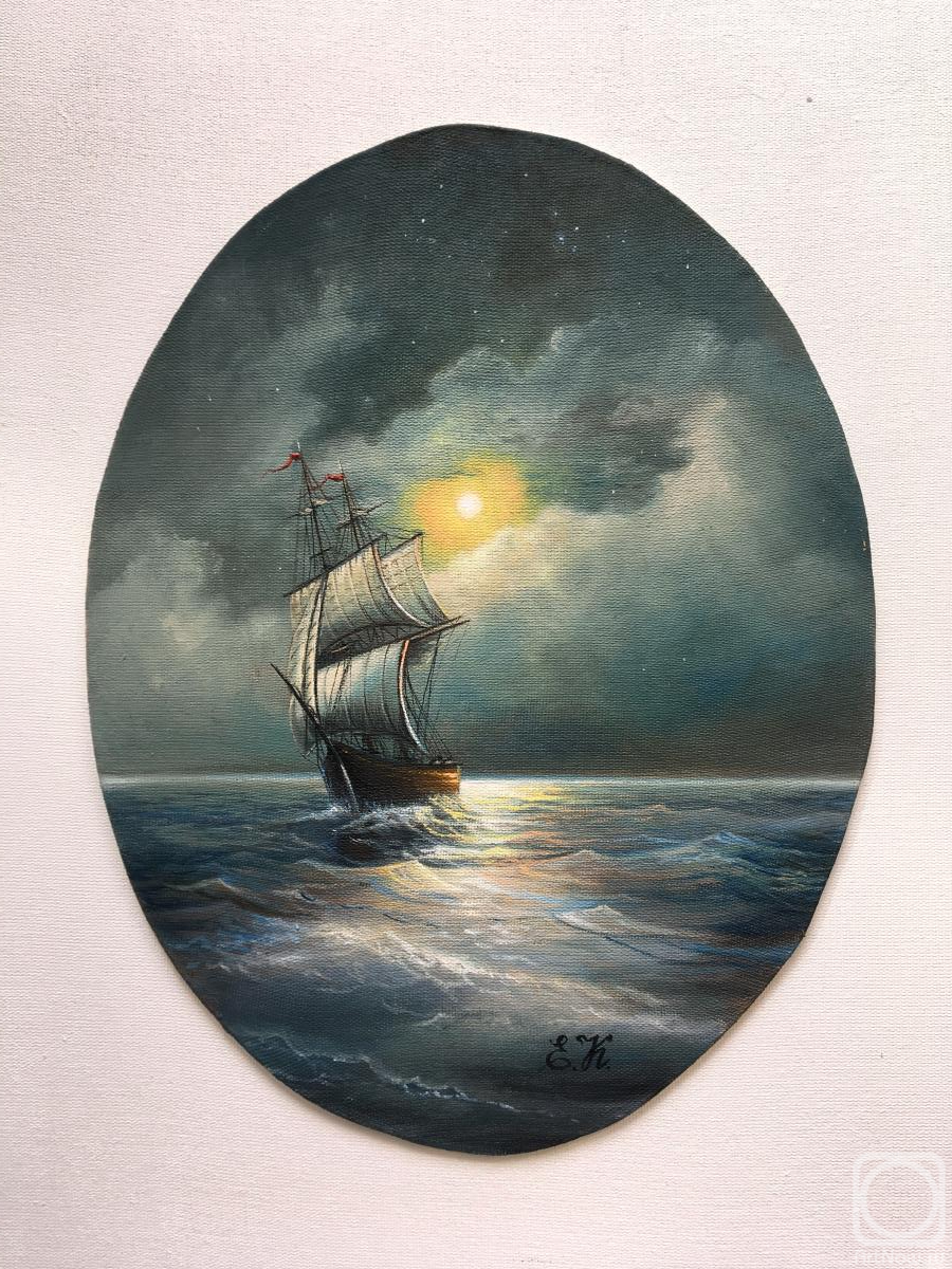 Картина маслом на холсте. Кораблева Елена. Парусник в море