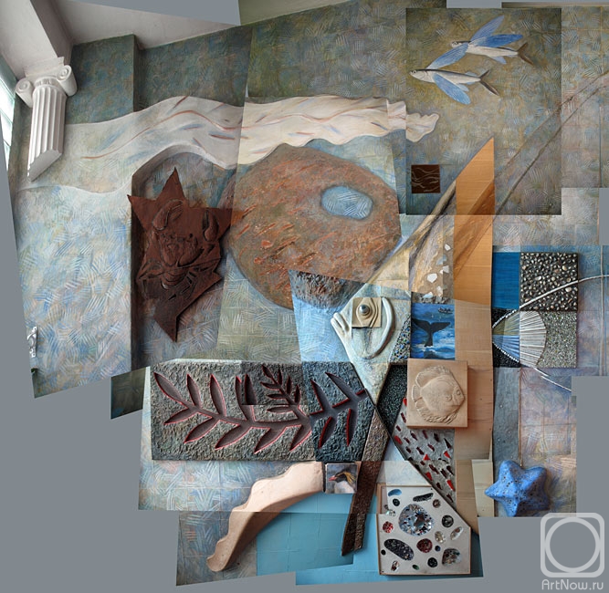 Yudaev-Racei Yuri. Large collage / Composition `Pterophyllum leopoldi` on the East wall of a Kindergarten staircase interior