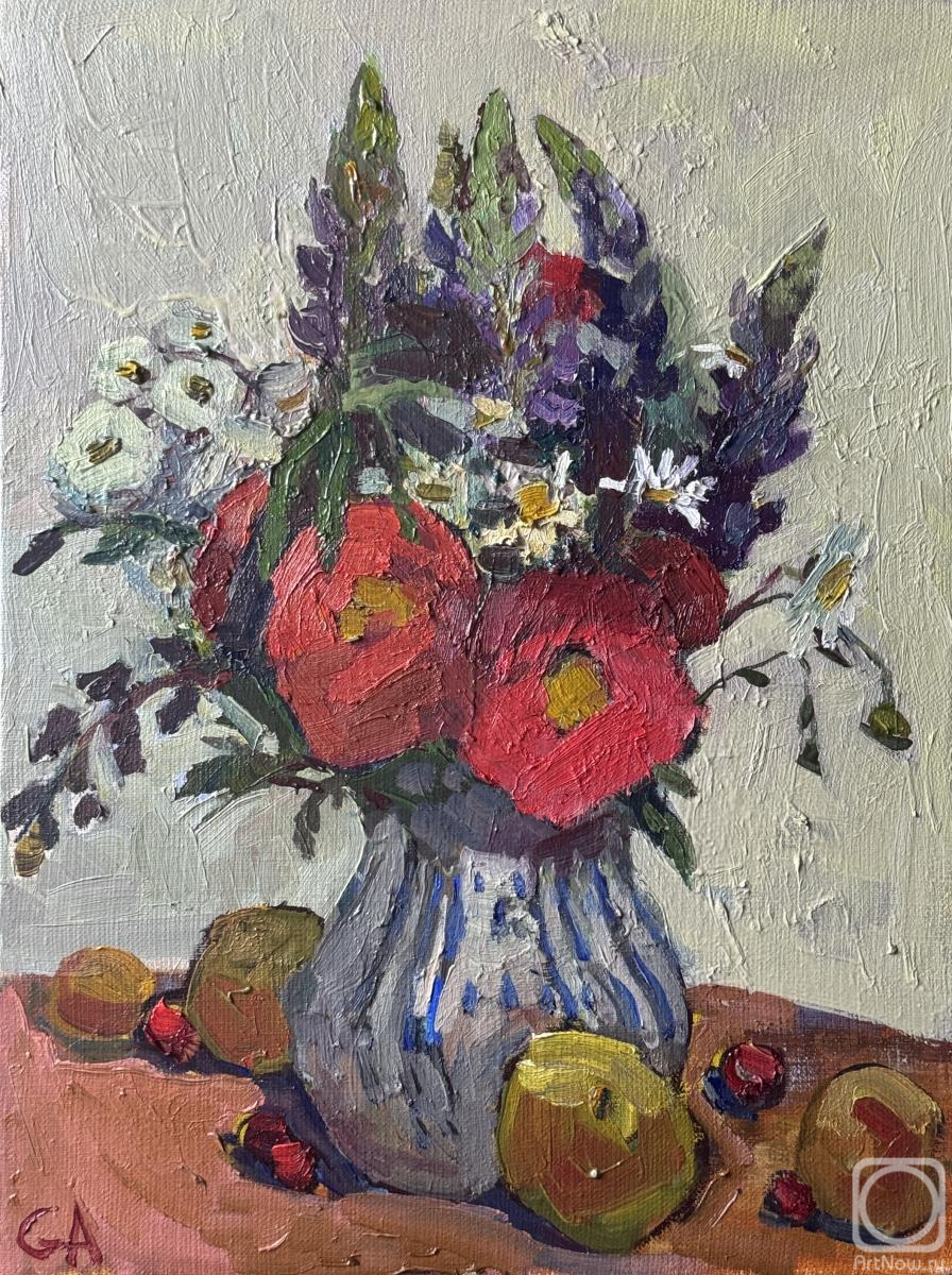 Картина маслом на холсте. Голубь Анна. Маки и люпины