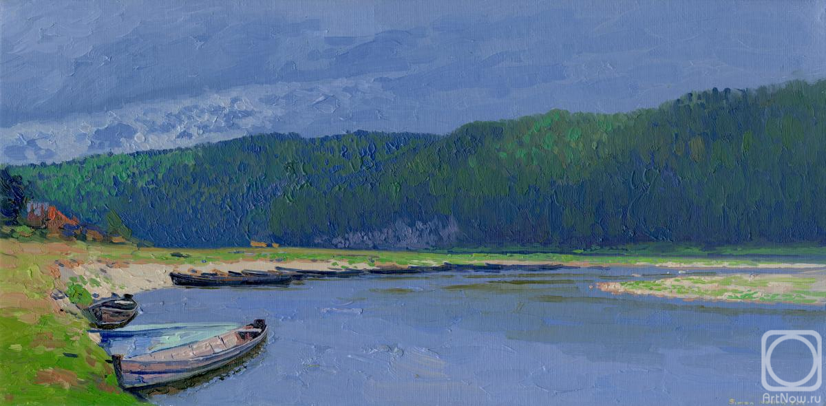 Картина маслом на холсте. Кожин Семён. Лодки у реки Чусовая. Кын. Урал
