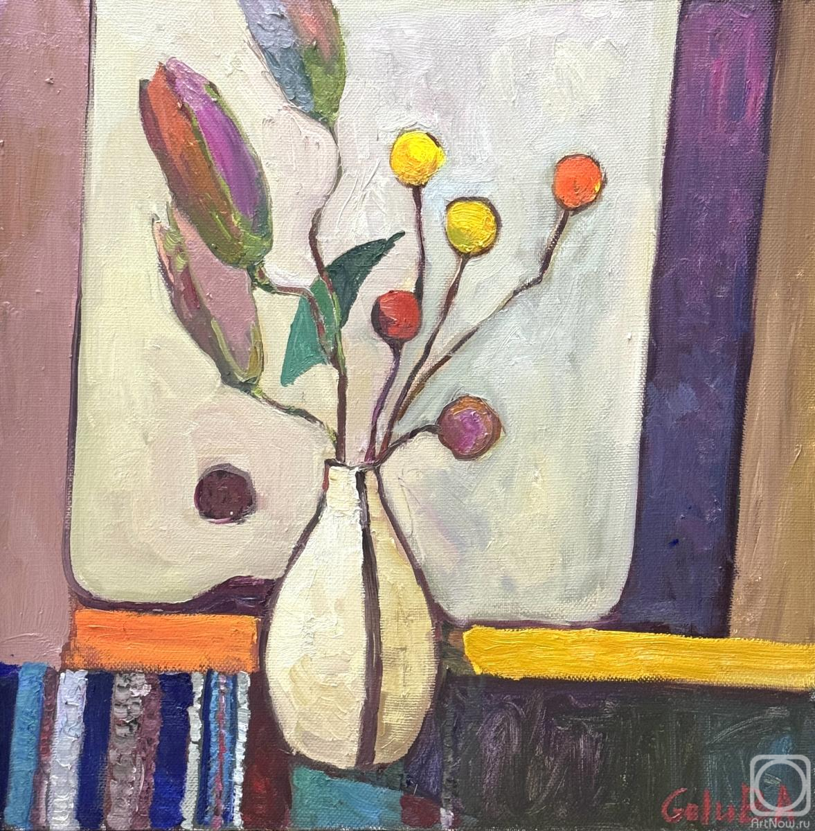 Картина маслом на холсте. Голубь Анна. Абстрактный натюрморт с палитрой и лилиями