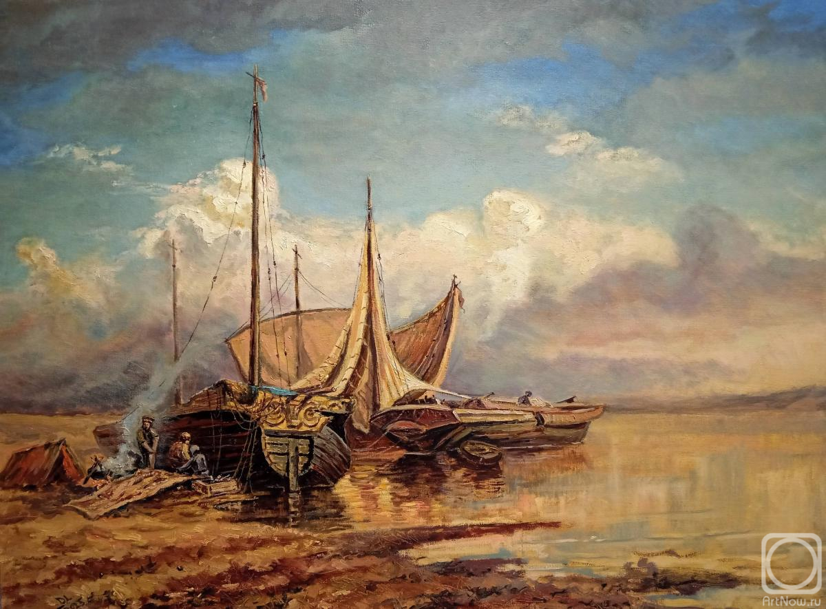 Картина маслом на холсте. Лазарев Дмитрий. Барки на Волге