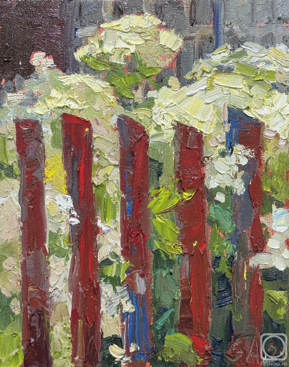 Картина маслом на холсте. Голубь Анна. Дом с красным забором и гортензиями, Степаниха