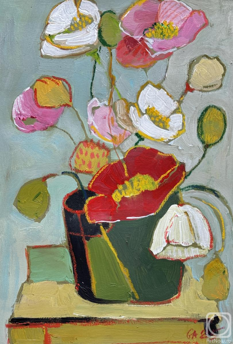 Картина. Голубь Анна. Маки в зеленом горшке