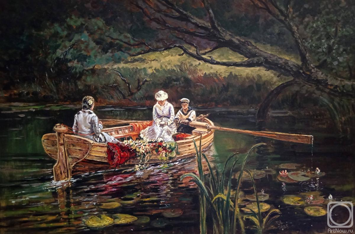 Картина маслом на холсте. Лазарев Дмитрий. В лодке. Абрамцево
