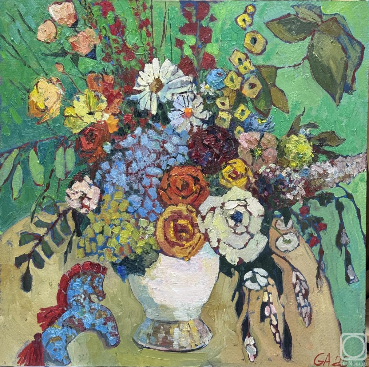 Картина маслом на холсте. Голубь Анна. Букет в белой вазе и голубая лошадка