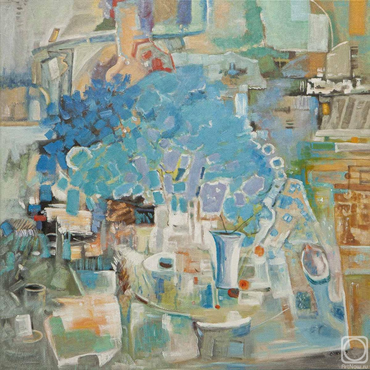 Картина маслом на холсте. Виверс Кристина. Большой голубой натюрморт с букетом гортензий