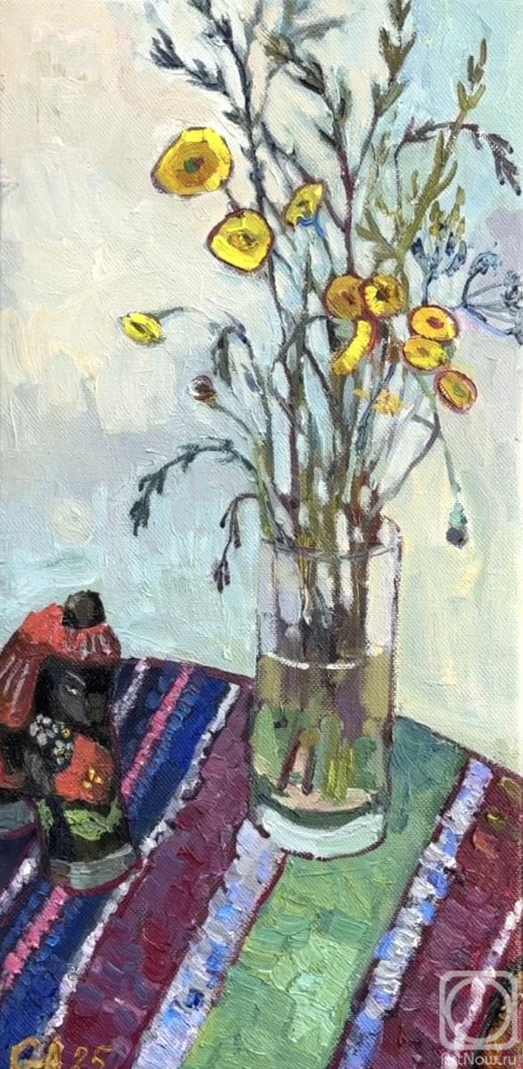 Golub Anna. Naive Decorative Still Life – Yellow Wildflowers & Wooden Horse