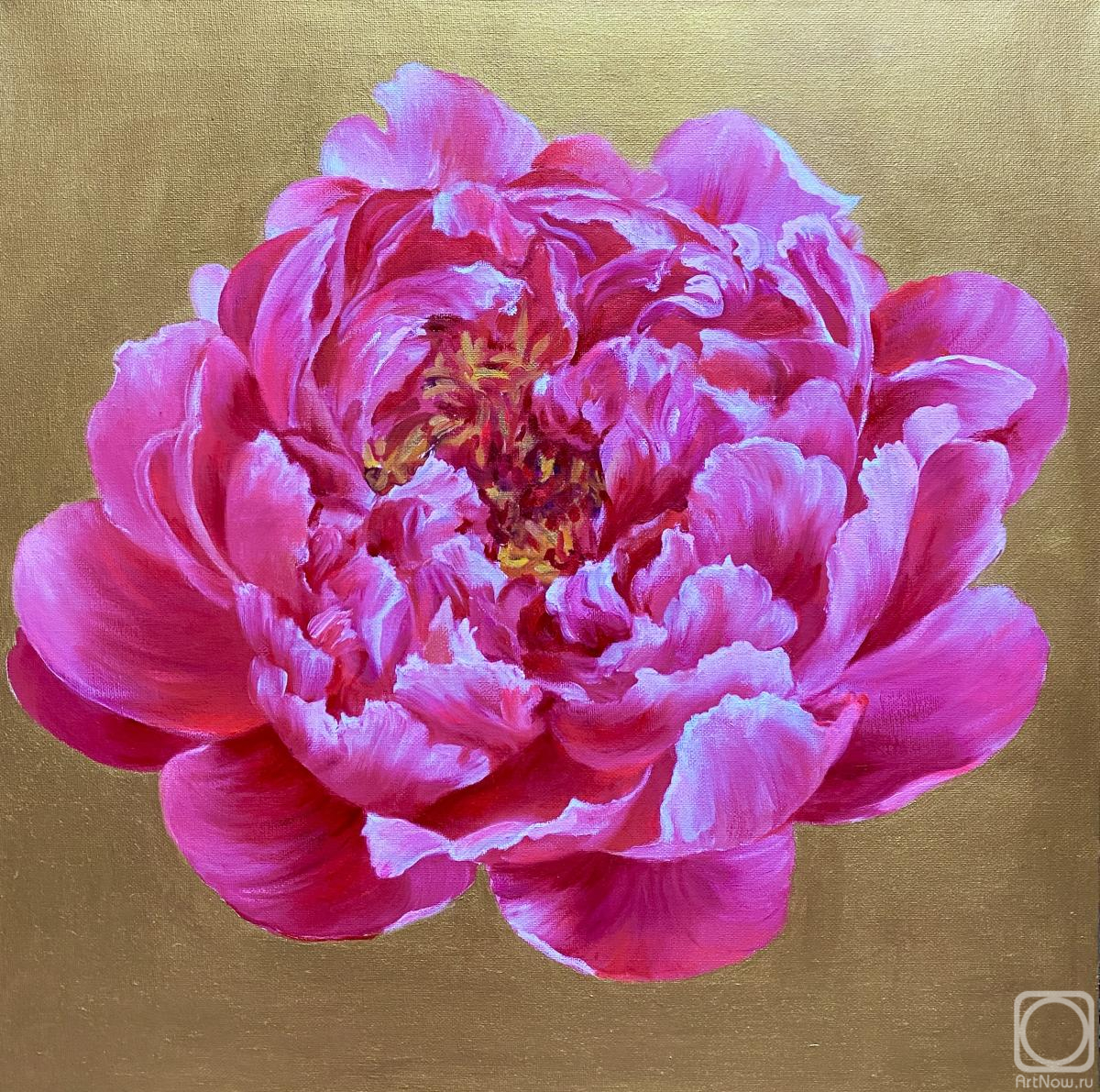 Картина маслом на холсте. Курилович Людмила. Царственный пион на золотом фоне