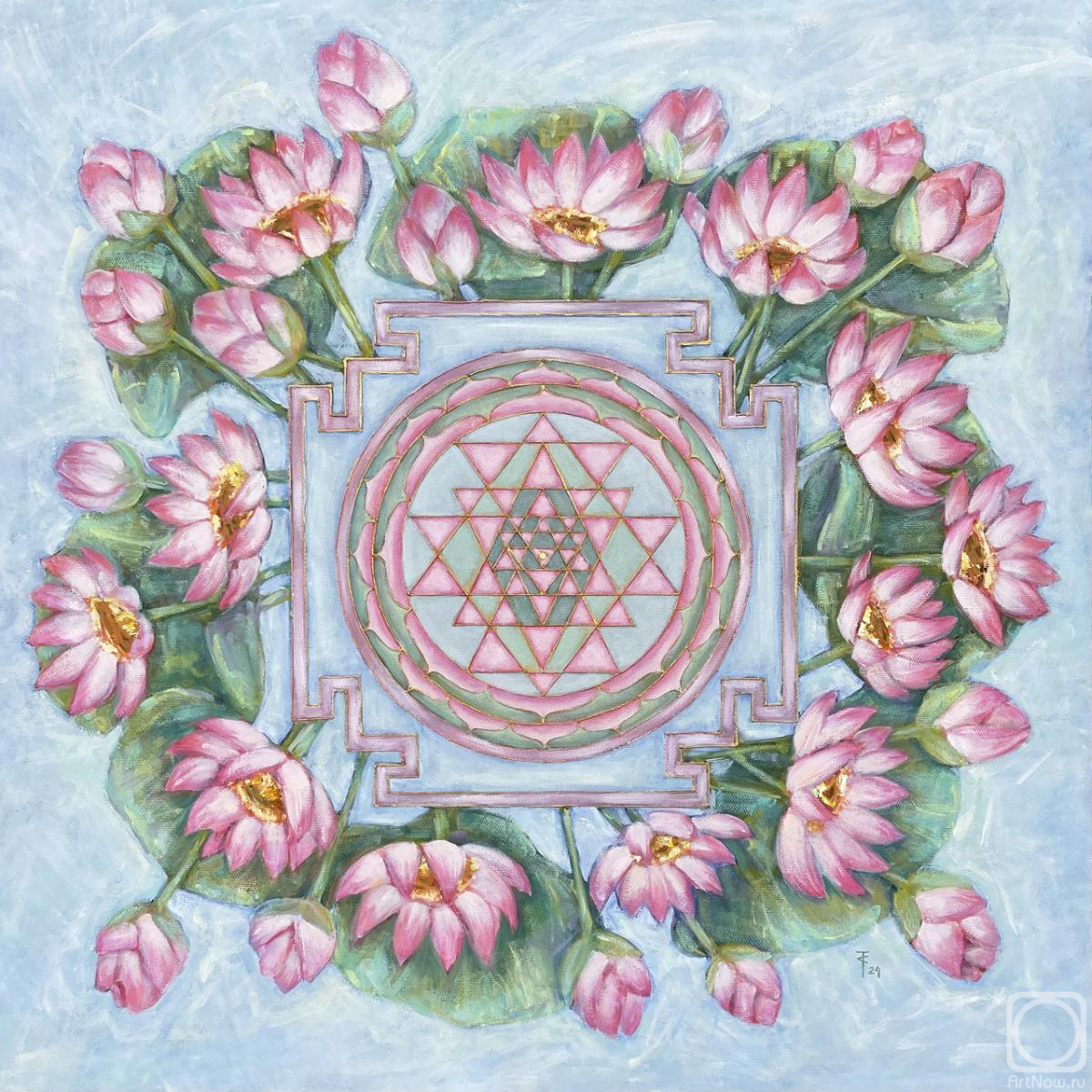 Картина маслом на холсте. Товстик Саша. Шри янтра. Лотосы на голубом