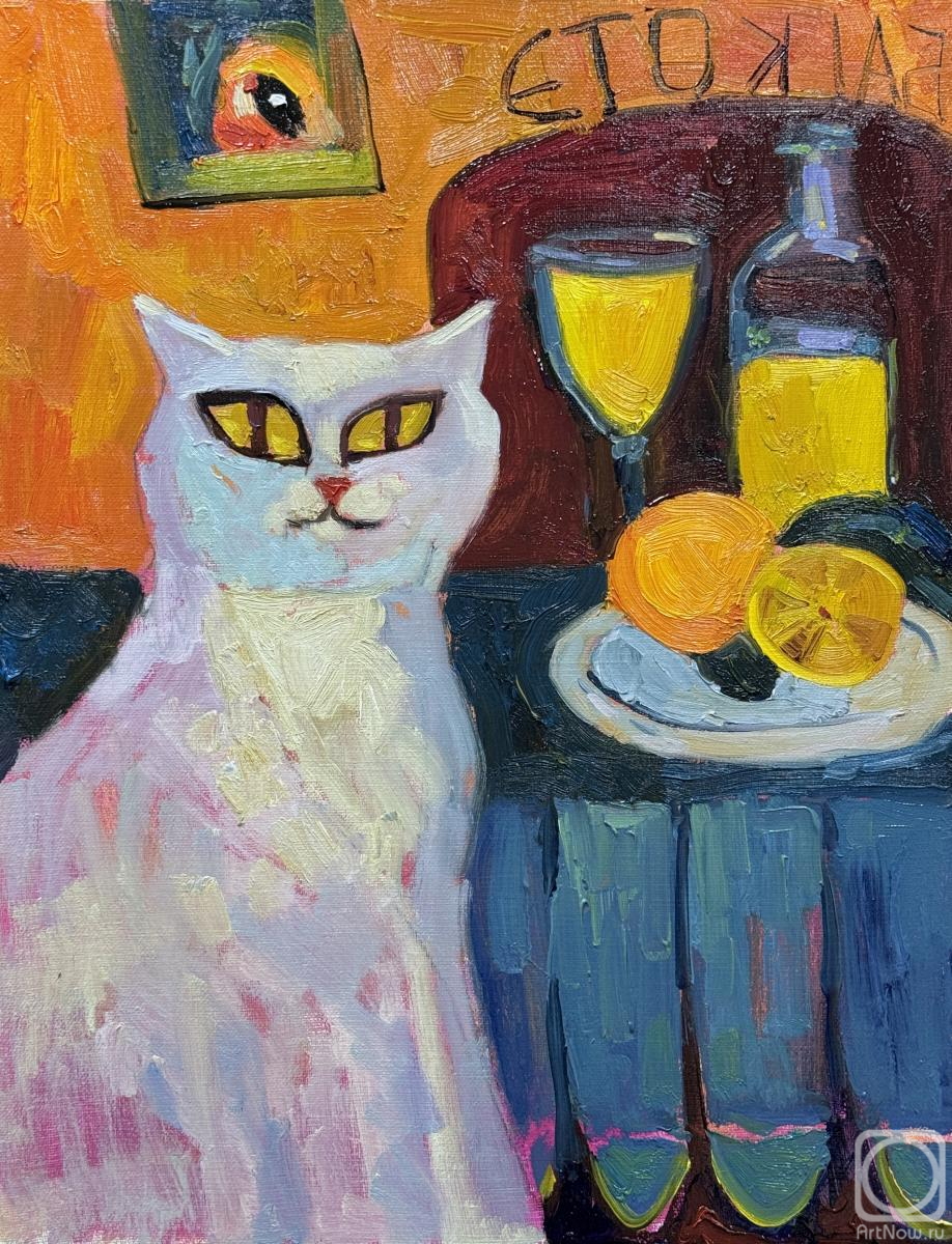 Картина маслом на холсте. Голубь Анна. Белый кот и апельсины
