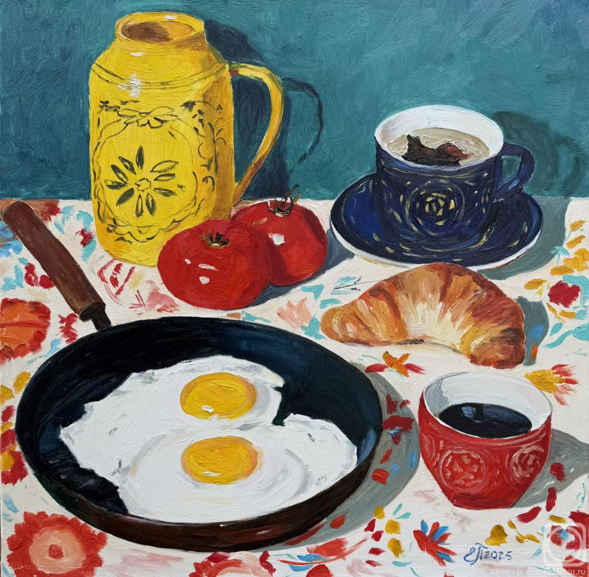 Картина маслом на холсте. Полищук Елена. Завтрак на цветочной скатерти