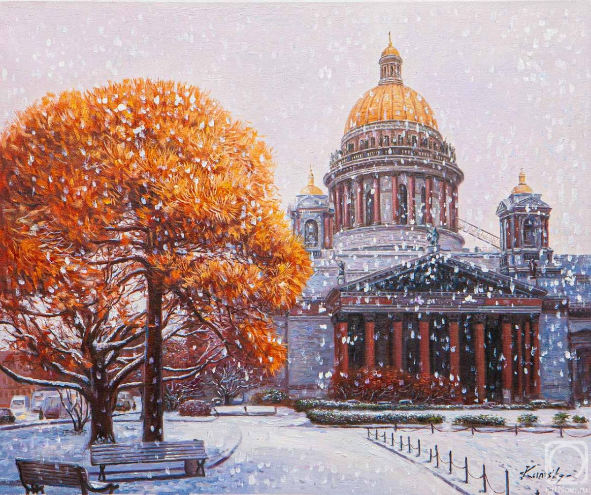 Картина маслом на холсте. Камский Савелий. Подарок осени - первый снег над Исаакием