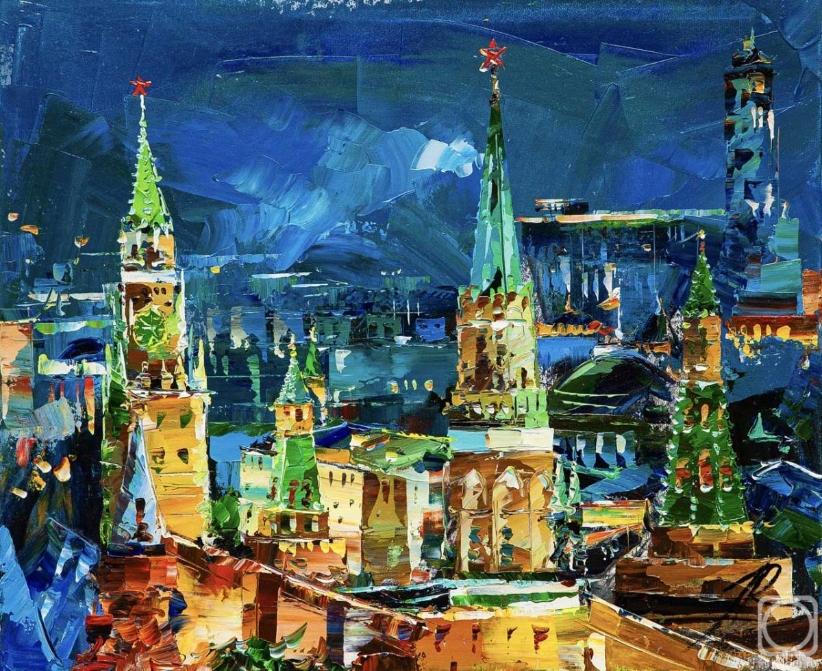 Картина маслом на холсте. Родригес Хосе. Под звон курантов: Башни Кремля в праздничном сиянии