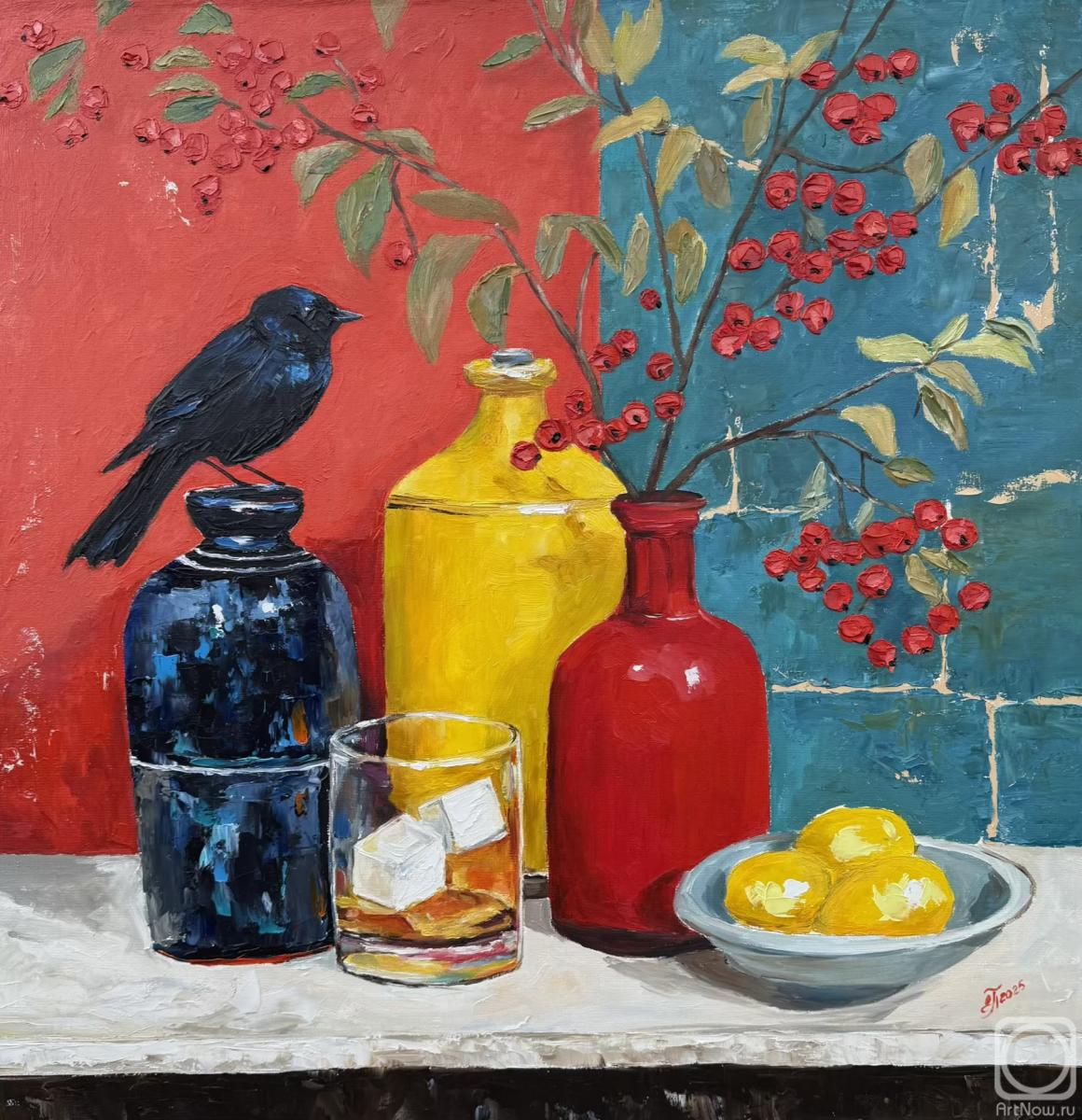 Картина маслом на холсте. Полищук Елена. Рябина и галка