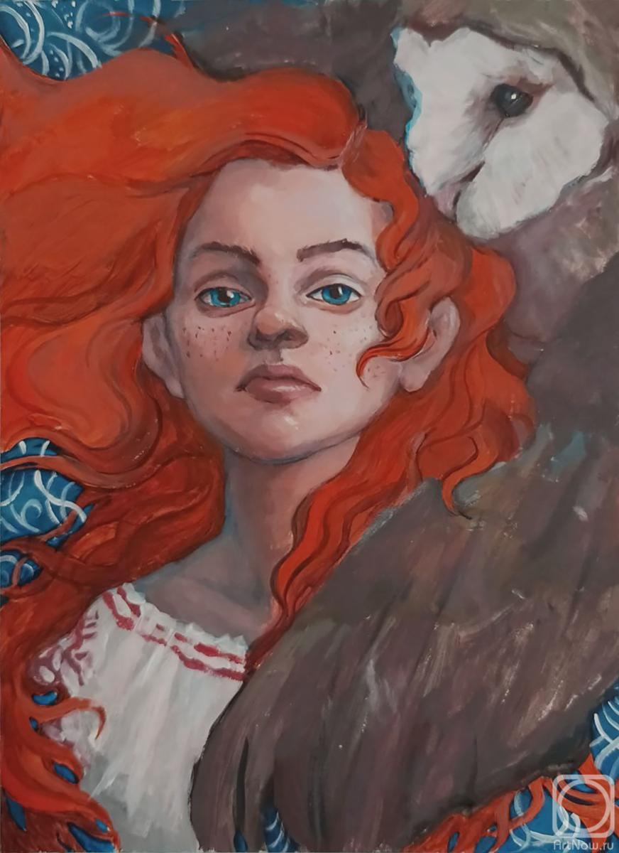 Картина. Голосова Ригина. Портрет рыжеволосой девушки с совой