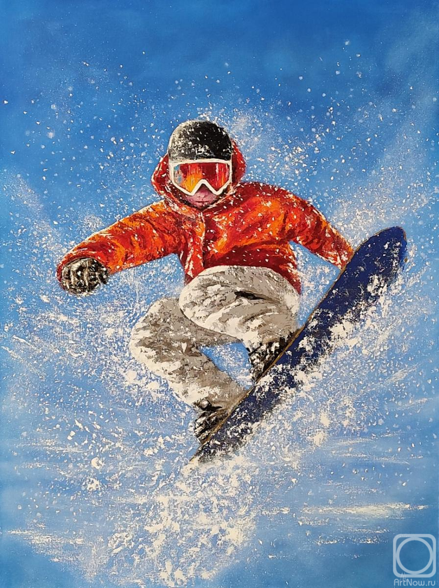 Картина маслом на холсте. Литвинов Андрей. Сноубордист «Полет над снегом»
