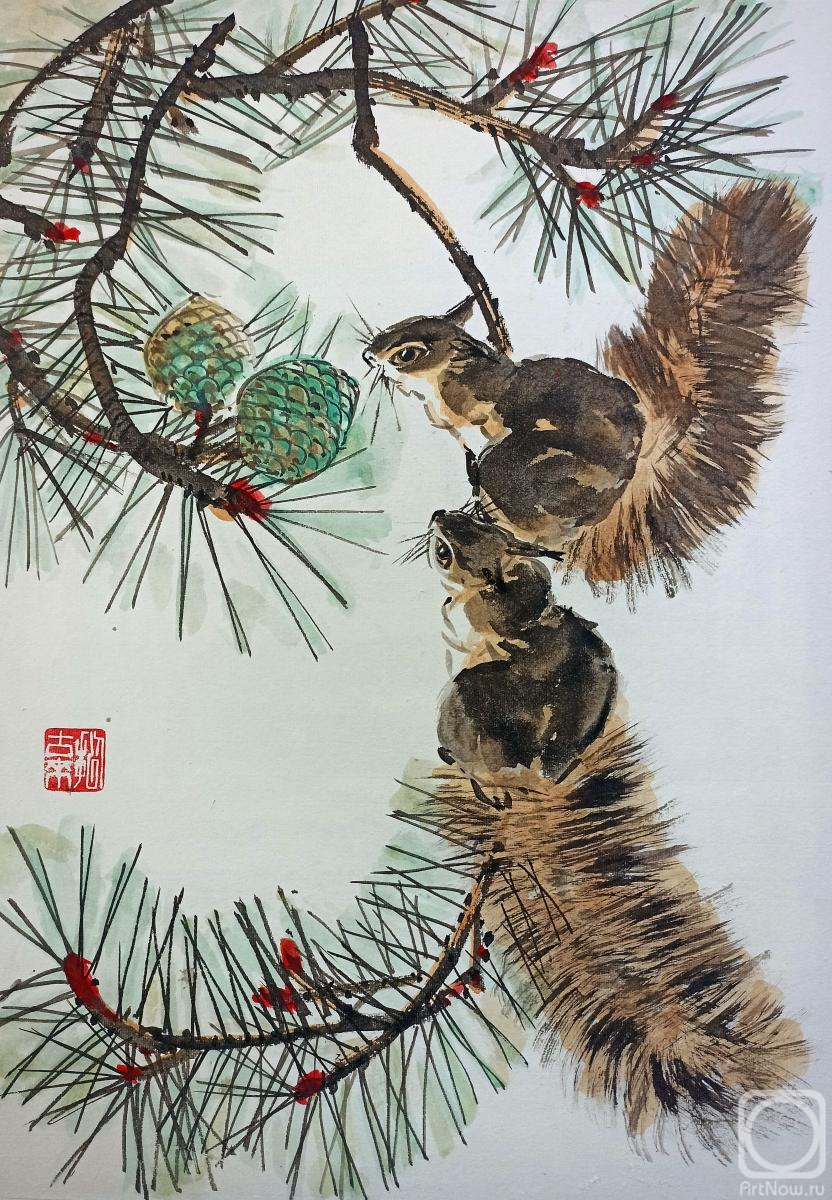 Картина. Мишуков Николай. Белочки и сосна