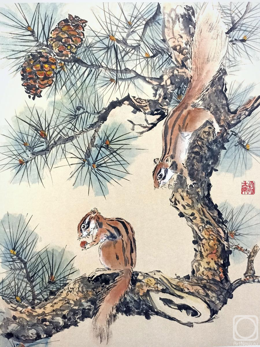 Картина. Мишуков Николай. Бурундуки с шишками