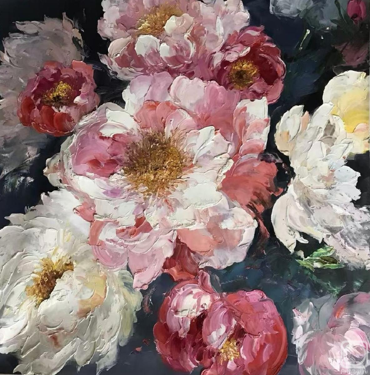 Картина маслом на холсте. Виверс Кристина. Розовые и белые пионы на темном