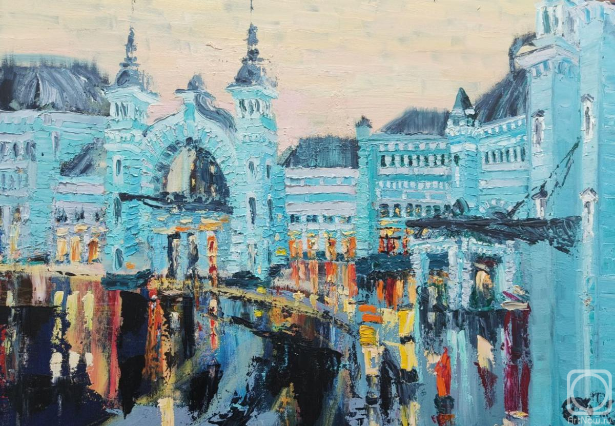 Картина маслом на холсте. Апарина Ольга. Белорусский Вокзал после дождя