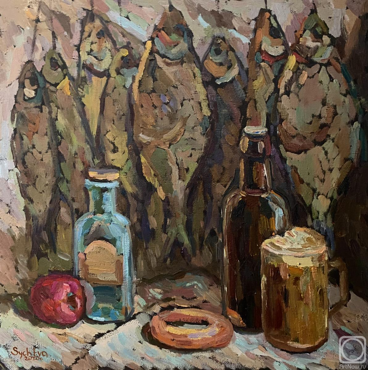 Картина. Сычева Анастасия. Натюрморт с рыбой, пивом и бубликами