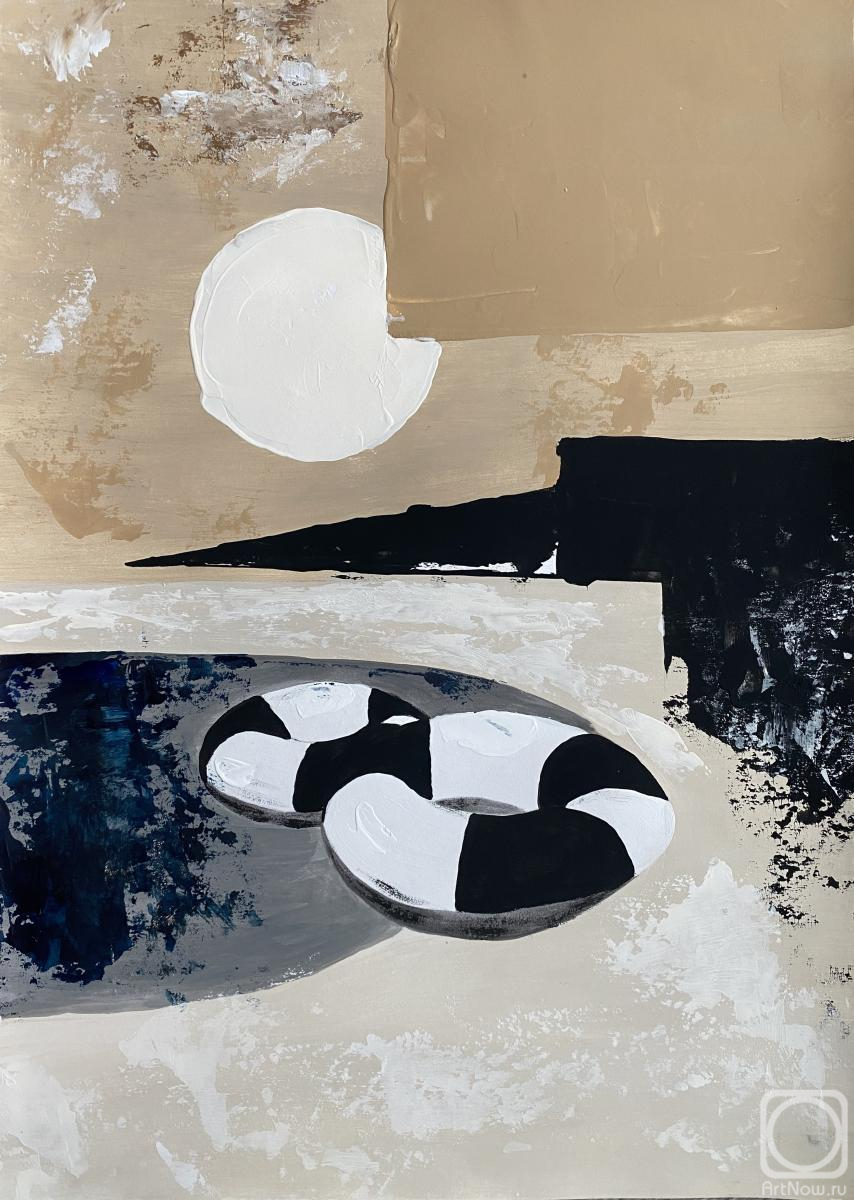 Картина. Черепанова Юлия. Минималистичный абстрактный пейзаж с белым солнцем и плавательными кругами – Современная акриловая картина