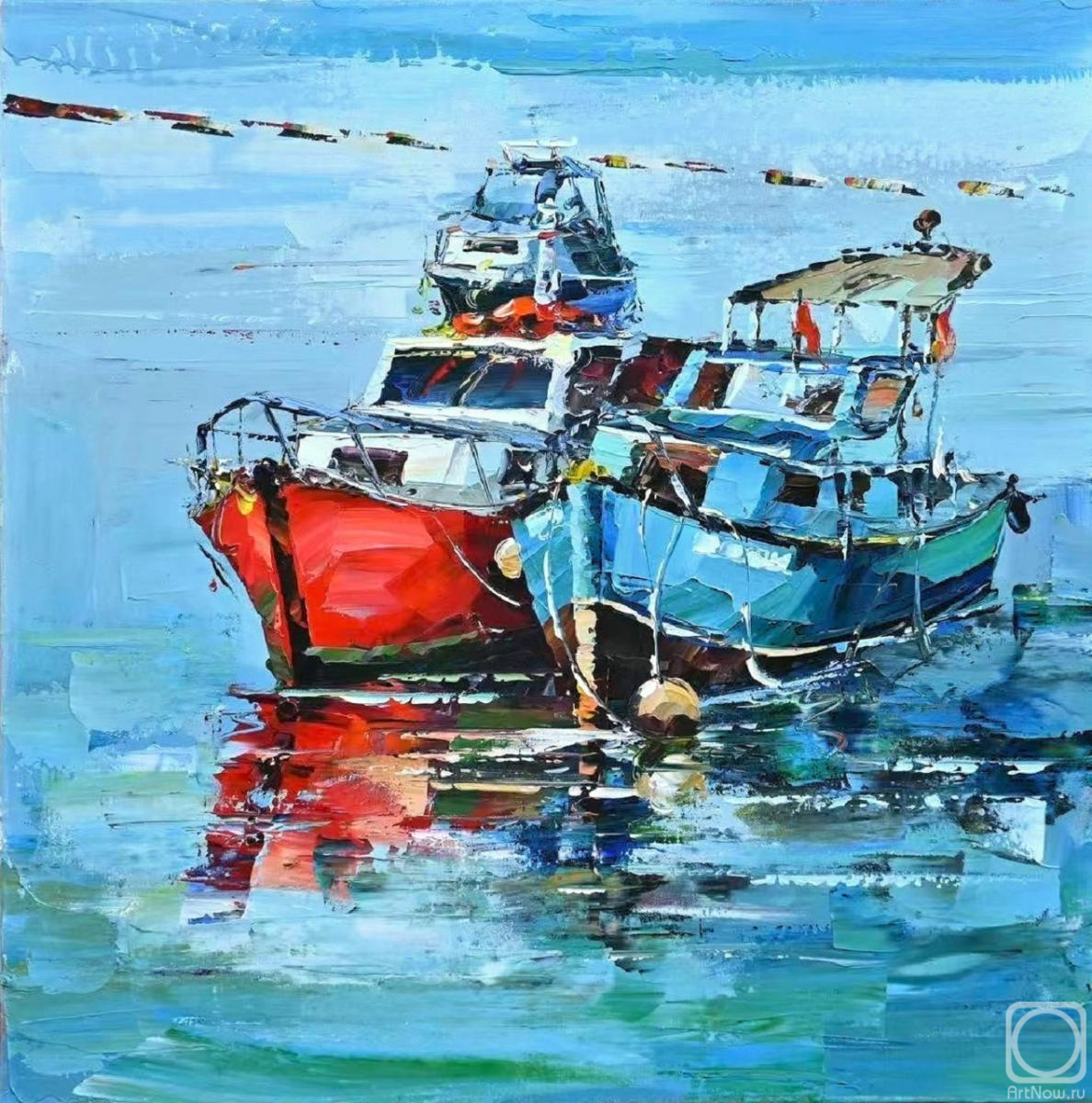 Картина маслом на холсте. Родригес Хосе. Скоро в путь! Лодки на причале